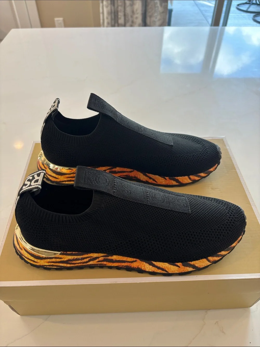 Michael Kors Kids Black Knit Slip-On Sneakers with Tiger-Print Accent